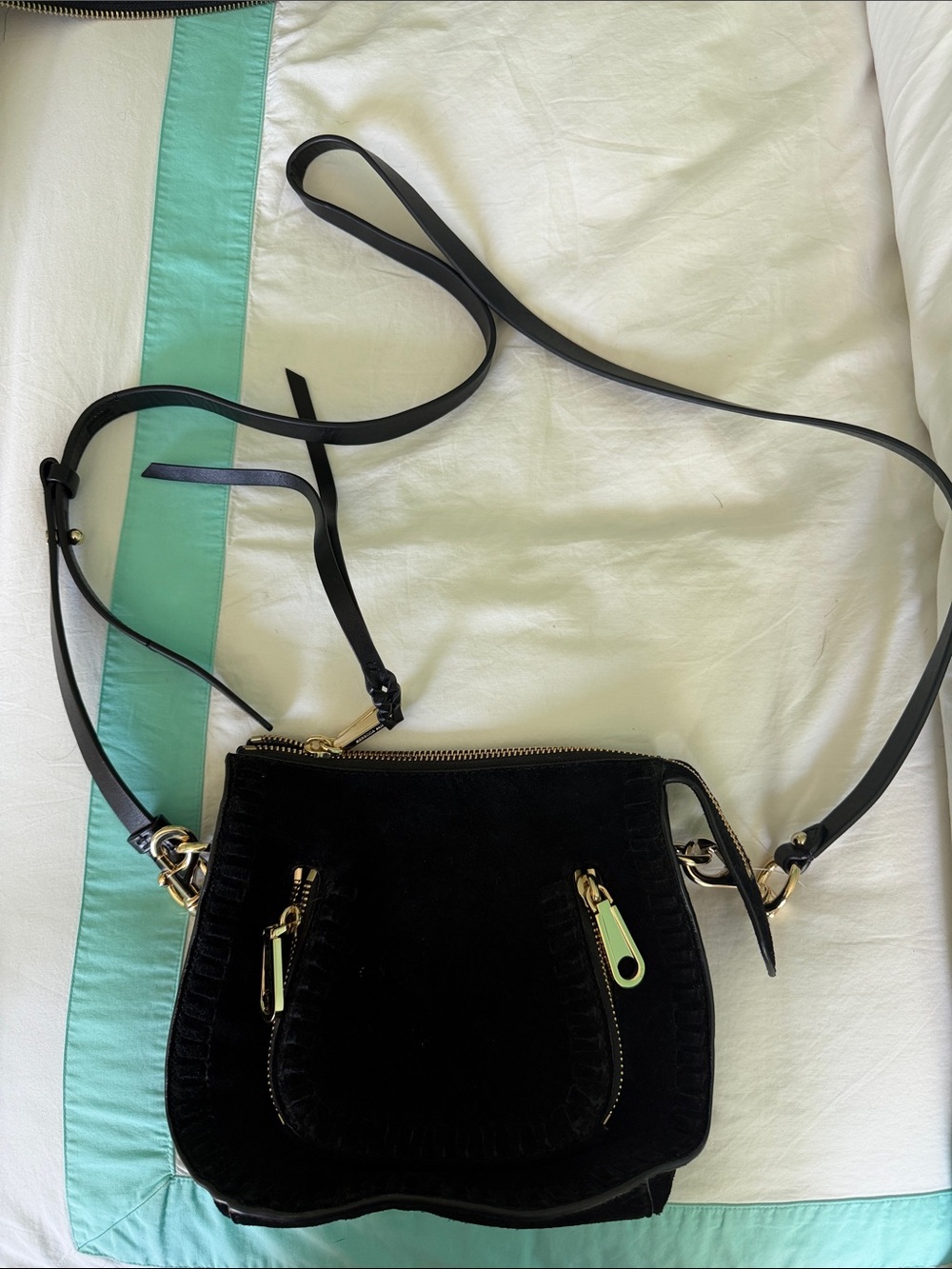 Black Suede Crossbody Bag with Gold Hardware
